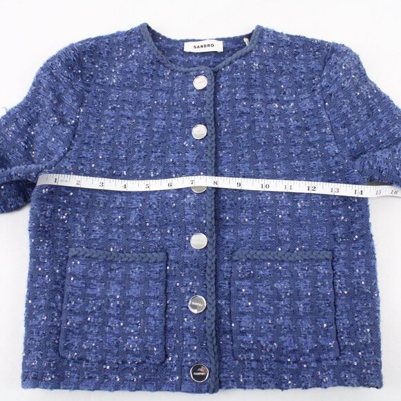 NWT Sandro Cropped Glitter Tweed Effect Coatigan with Braided Trim in Blue FR 0 - Picture 15 of 16